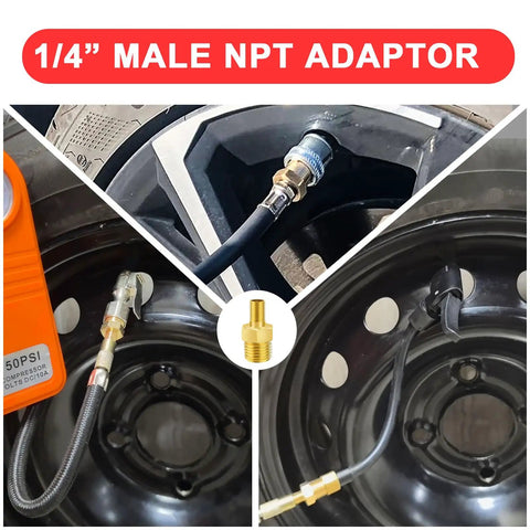 Brass 1/4 NPT To Schrader Valve Adapter Set Of 2 attached to wheel rims for portable air compressors