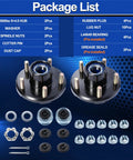 Pair Of Two 2000 Lb Idler Hub Assemblies For Utility Trailers With 5 On 4.5 Bolt Pattern That Swaps Right Onto 1 1/16 Inch Straight Spindles package list showing hub components and accessories.