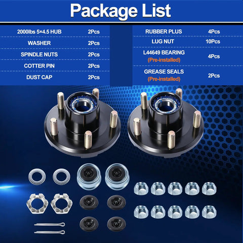 Pair Of Two 2000 Lb Idler Hub Assemblies For Utility Trailers With 5 On 4.5 Bolt Pattern That Swaps Right Onto 1 1/16 Inch Straight Spindles package list showing hub components and accessories.
