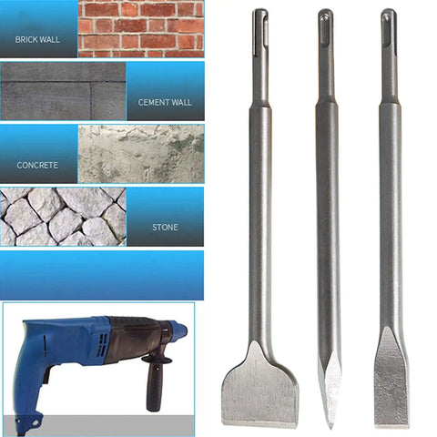 Six Piece SDS Plus Chisel Set For Rotary Hammer Built Tough With 40Cr Steel showing flat and point chisels near wall types