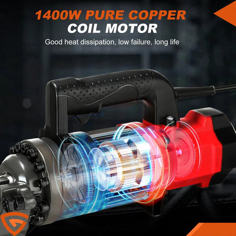 Portable 1400W Hydraulic Electric Rebar Cutter, 7/8 Inch Heavy Duty Steel Bar Nipper showing pure copper coil motor detail.