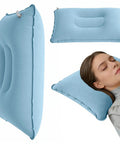 Inflatable Travel Pillow with Adjustable Firmness for Custom Neck Support and Easy Deflation, Sky Blue Comfort with Relaxing Woman