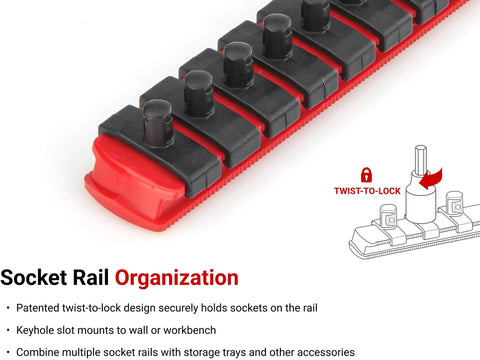 Close-up of red and black twist-to-lock mechanism on socket rail from 18-Piece 3/8 Inch Drive Hex Bit Socket Set With Rails Includes 1/8 To 3/8 In And 3 To 10 mm Hex Bits S2 Steel Rails For Durable Pro Grade Secure Organization Kit.