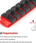 Close-up of 3/8 Inch Drive Hex Bit Socket Set on a red S2 steel rail with twist-to-lock design for secure press-fit connection.