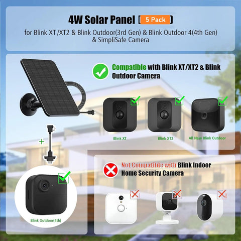 Five Pack 4W Solar Panel Kit For Blink Outdoor Cameras 2K Plus 4th Gen And 3rd Gen XT3 XT2 With 13.1 Ft Cable shown with compatible models.