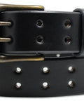 Heavy Duty Two Prong Leather Belt With 1.5 Inch Width Real Tough Genuine US Leather Amish Handcrafted In Lancaster PA Built To Last For Gun Holster Security And Everyday Wear, black with holes and buckle