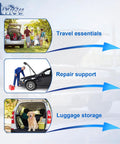 Collage of car repair, family travel essentials, and luggage storage illustrating uses of Rear Window Glass Shocks And Liftgate Struts Kit.