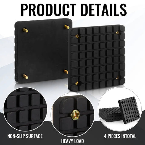 Heavy Duty Square Rubber Lift Arm Pads Set Four With Sure Grip Cushioning For Two Post Auto Jack Stands Garage Blocks, showing non-slip surface and bolts.
