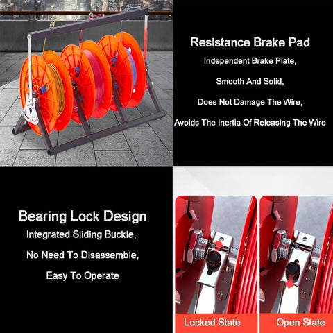 Beefy Heavy Duty Wire Spool Rack Dispenser 1 2 3 4 5 Way Pay Off Organizer with resistance brake pad and bearing lock design.