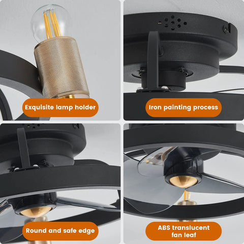 Close-up details of Black 18 Inch Flush Mount Ceiling Fan With Light For Bedroom, Quiet Small Ceiling Fan, sleek modern design features.
