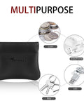 Smooth Vintage Black Leather Squeeze Coin Purse With Heavy Duty Spring Frame, compact holder for coins, keys, and USB.