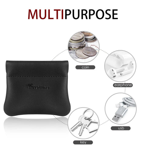 Smooth Vintage Black Leather Squeeze Coin Purse With Heavy Duty Spring Frame, compact holder for coins, keys, and USB.