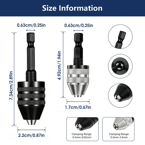 Two Pack Keyless Drill Chuck Adapter Set With One Quarter Inch Hex Shank For Quick Change Heavy Duty Bit Converter sizes 0.3-6.5 mm