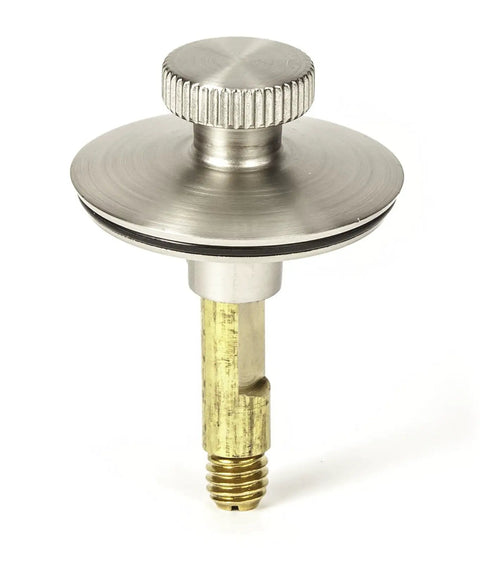 Hand Operated Lift And Turn Bathtub Drain Stopper with Three Eighths Inch And Five Sixteenths Inch Thread Adapters Brushed Nickel Finish