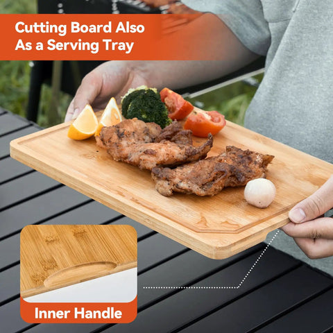 Man holding bamboo cutting board served with grilled chicken, using 5 In 1 Grill Prep Tray And Carry System For Outdoor Barbecues.