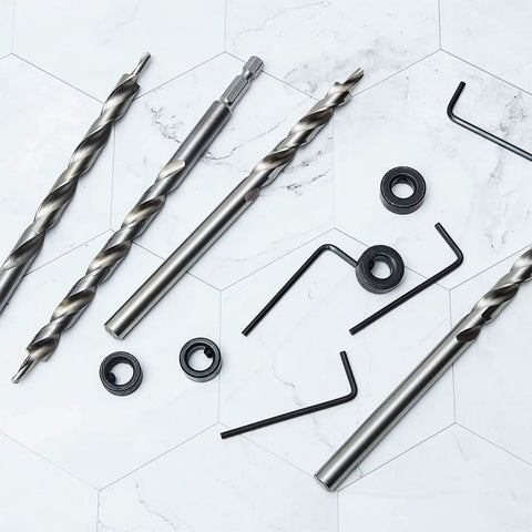 4 Pack Three Eighths Inch Pocket Hole Drill Bits With Depth Stop Collar One Quarter Hex Shank And Round Shank Replacement Twist Step Drills For Manual Pocket Hole Guide Jig Master System Length Six Point Three Inches