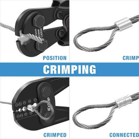 Beefed Up Heavy Duty Wire Rope Crimping Tool Kit With Five Die Cavities For One Sixteenth To Three Sixteenths Inch Cables Aluminum Loop Sleeves Duplex Oval Ferrules And Built In Wire Rope Cutter