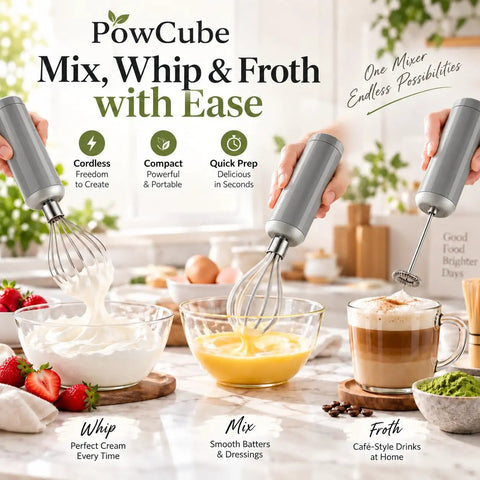 No-Fuss Cordless Hand Mixer, Kickass 4-In-1 Electric Kitchen Whip With Built-In Whisk Frother And Ten-Ounce Mini Food Chopper, USB-C Rechargeable Four-Speed For Eggs, Cream, Coffee And Quick Batches, shown mixing cream and eggs.