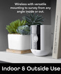 Freebird 2K Wireless Security Camera Battery Powered Outdoor Camera Magnetic Mount Night Vision Waterproof 2 Way Audio Motion Detection Works With Alexa Google Assistant indoors on a shelf next to a plant