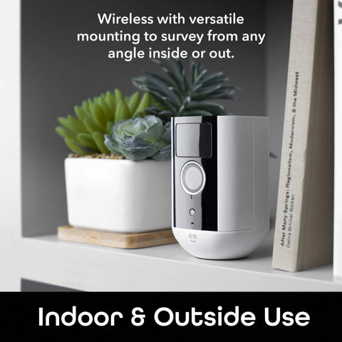 Freebird 2K Wireless Security Camera Battery Powered Outdoor Camera Magnetic Mount Night Vision Waterproof 2 Way Audio Motion Detection Works With Alexa Google Assistant indoors on a shelf next to a plant