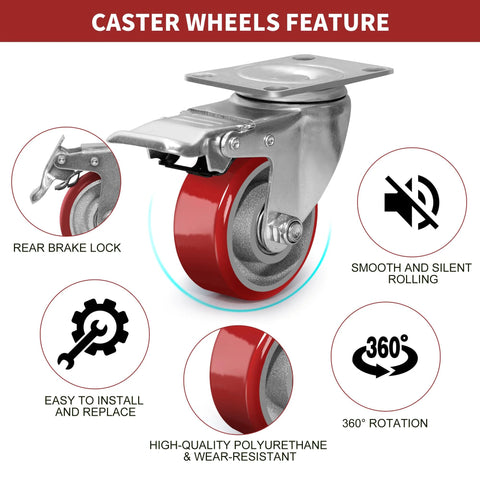 3 Inch Heavy Duty Swivel Casters With Brakes Polyurethane On Steel Wheels Set Of 4 showcasing features like rear brake lock
