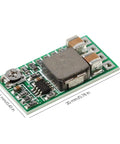 Close-up of a compact 20 Pack DC Buck Regulator Module with dimensions marked, Input 4.5 to 24V Fixed 5V or Adjustable 0.8 to 17V Up to 3A Mini Voltage Reducer Power Supply for Arduino Raspberry Pi DIY Tech Projects.