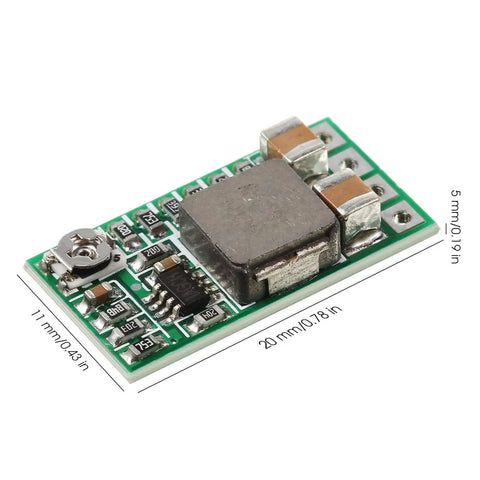 Close-up of a compact 20 Pack DC Buck Regulator Module with dimensions marked, Input 4.5 to 24V Fixed 5V or Adjustable 0.8 to 17V Up to 3A Mini Voltage Reducer Power Supply for Arduino Raspberry Pi DIY Tech Projects.