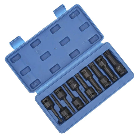 Grabsome 10 Piece Square Bit Socket Set Built Tough With Impact Ready CR-MO Steel Big Time Garage Gear For Heavy Duty Jobs Featuring M5 Through M18 Sizes Plus Nifty Storage Case You Gonna Love This Awesome Tool Kit. in blue case, M5-M18 sockets