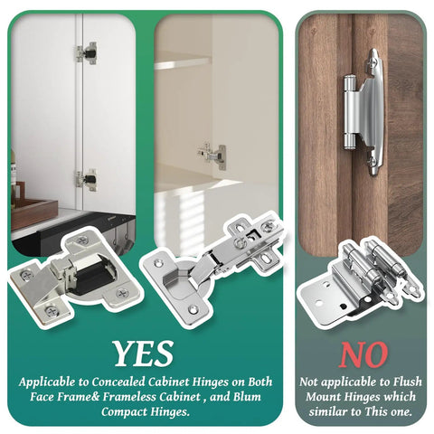 Tough As Nails Soft Close Cabinet Dampers Smooth Operator showing installation suitability for concealed hinges and flush mounts.