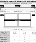 Size chart and diagram for heavy duty black curtain rods 2 pack wrap around style for 28 to 48 inch windows.