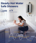 Premium Propane Tankless Water Heater Delivers Rock Solid 3.6 Gpm Instant Hot Water For Family Showers And Kitchens With Dependable Eighty Six Thousand Btu Output All Day, installed above a bathtub with a mother and baby.
