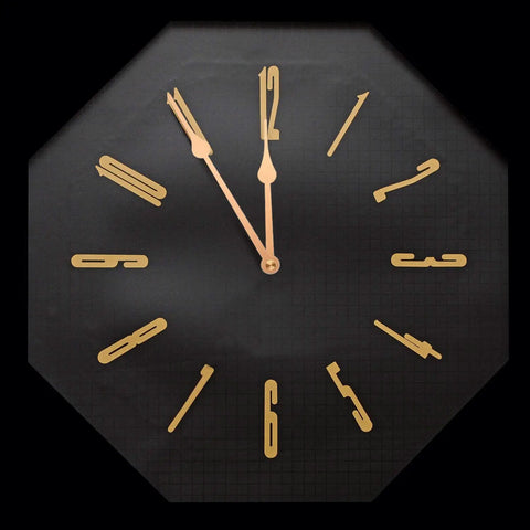 Black clock face with gold numbers, showcasing hands from Two Pack Quartz Clock Movement Kit With Hands For DIY Wall Clocks Replacement Mechanism 31mm Shaft