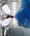 Top Tier LVLP Air Spray Gun Kit With Four Quick Swap Tips And A Roomy Six Hundred Milliliter Cup being used for automotive spray painting.