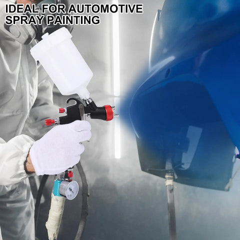 Top Tier LVLP Air Spray Gun Kit With Four Quick Swap Tips And A Roomy Six Hundred Milliliter Cup being used for automotive spray painting.