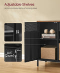 Adjustable shelves inside rustic brown and matte black finish metal storage cabinet with two doors open, showing interior.