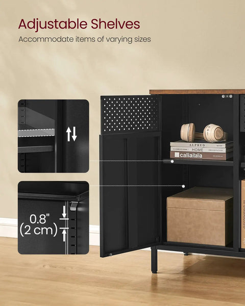 Adjustable shelves inside rustic brown and matte black finish metal storage cabinet with two doors open, showing interior.