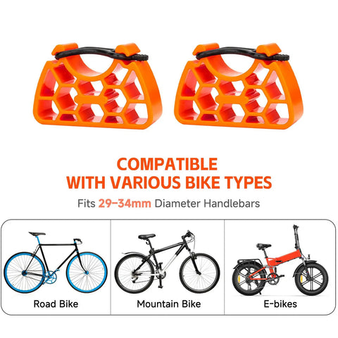 Clip On Bike Stabilizer And 30mm Elevation Tool For Inverted Parking Easy Flip And Clean Setup With No Slip Rubber Straps Fits 29 To 34mm Handlebars For Road Mountain And E Bike Maintenance Orange image showing orange stabilizers with honeycomb design and rubber straps, compatible with road and mountain bikes.