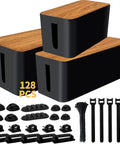 Cable Management Kit With Three Boxes And 128 Pieces To Hide Wires Cord Organizer Set For Home And Office ABS Safe Material Large Medium Small Compartments Black