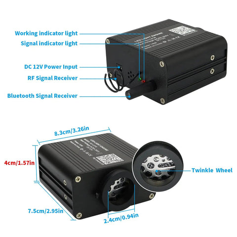 Dimensions and features of 16W Twinkle Starlight Headliner Kit With Sound Activated Mode, 600 Fiber Optic Strands, RGBW lights, app control