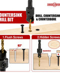 Heavy Duty 13 Piece Adjustable Countersink Drill Bit Set Built Like A Tank For Getting The Job Done Quick Includes Replaceable Cutting Tips, image showing countersink drill bit in wood.