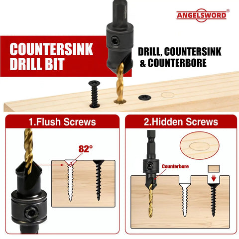 Heavy Duty 13 Piece Adjustable Countersink Drill Bit Set Built Like A Tank For Getting The Job Done Quick Includes Replaceable Cutting Tips, image showing countersink drill bit in wood.