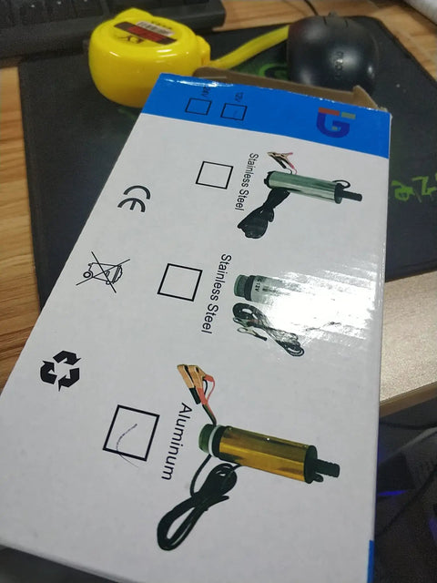 Packaging of Beefy 12V Submersible Water Transfer Pump For Diesel Kerosene And Water, showing stainless steel and aluminum options.