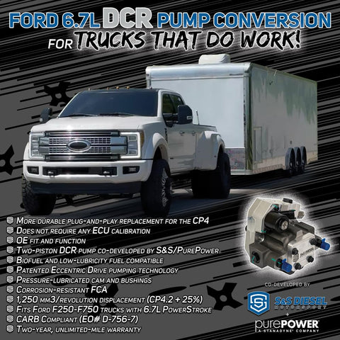 Ford 6.7L truck towing a trailer with a CP4 to DCR Pump Conversion Kit for 2011 and up Ford 6.7 Powerstroke Diesel plug and play.