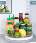 Hassle Free 360 Spin Fridge Turntable, Top Tier Lazy Susan Organizer For Refrigerator Storage, showcasing organized bottles and jars.
