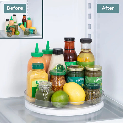 Hassle Free 360 Spin Fridge Turntable, Top Tier Lazy Susan Organizer For Refrigerator Storage, showcasing organized bottles and jars.