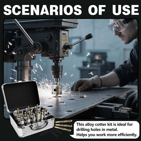 FROOK 22-piece carbide hole saw kit for metal with titanium pilot and L-wrenches in a metal case (front view)