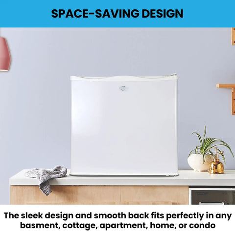 Hella Solid Upright Freezer One Point Two Cubic Feet White Compact Frost Vault With Wire Rack placed on countertop in sleek design.