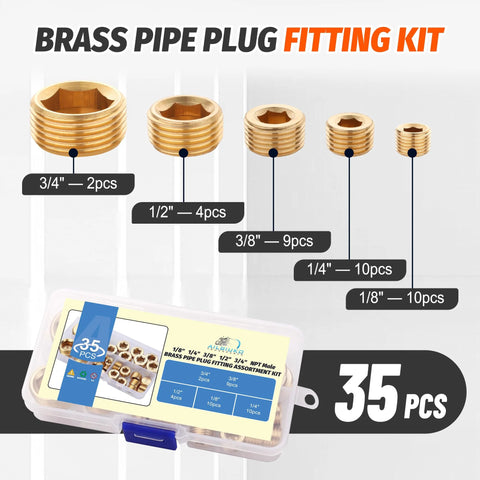 Brass pipe plug assortment kit, 35 pieces in 1/8–3/4 in sizes with NPT male hex plugs in a clear plastic case
