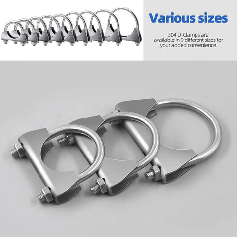 Two Pack 304 Stainless Steel U Clamps, 54mm Muffler Exhaust Clamps shown in various sizes