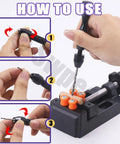 Illustration showing how to use 47 Piece Hand Drill Bit Set With Mini Bench Vise Clamp And Pin Vise for DIY woodworking projects.